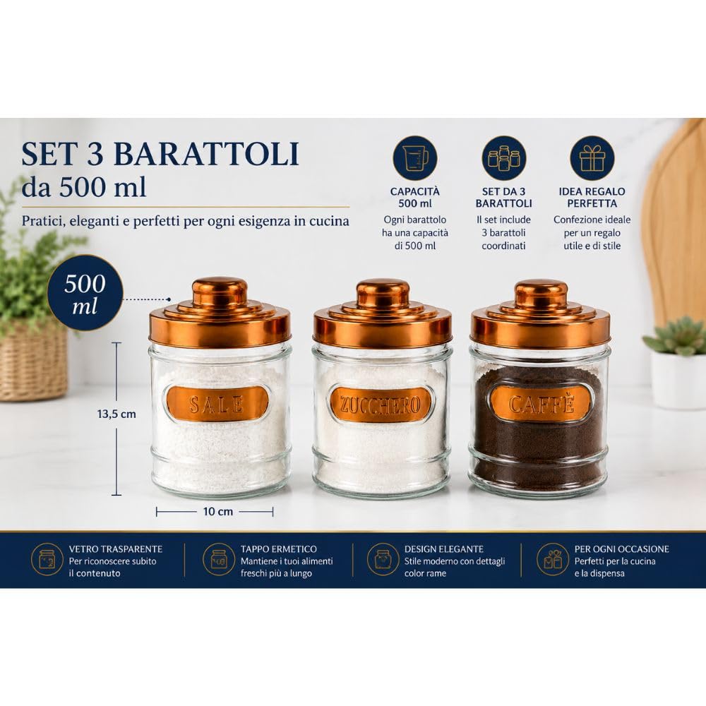 Cecaro Group Set 3 Barattoli Vetro 500 ml Tappi Rame