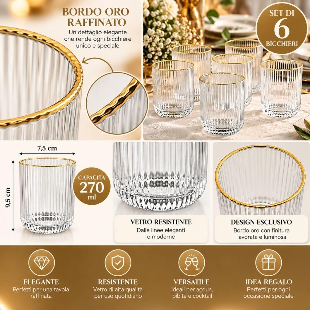 Cecaro Group Set 6 Bicchieri Bordo Oro 270 ml Vetro Rigato