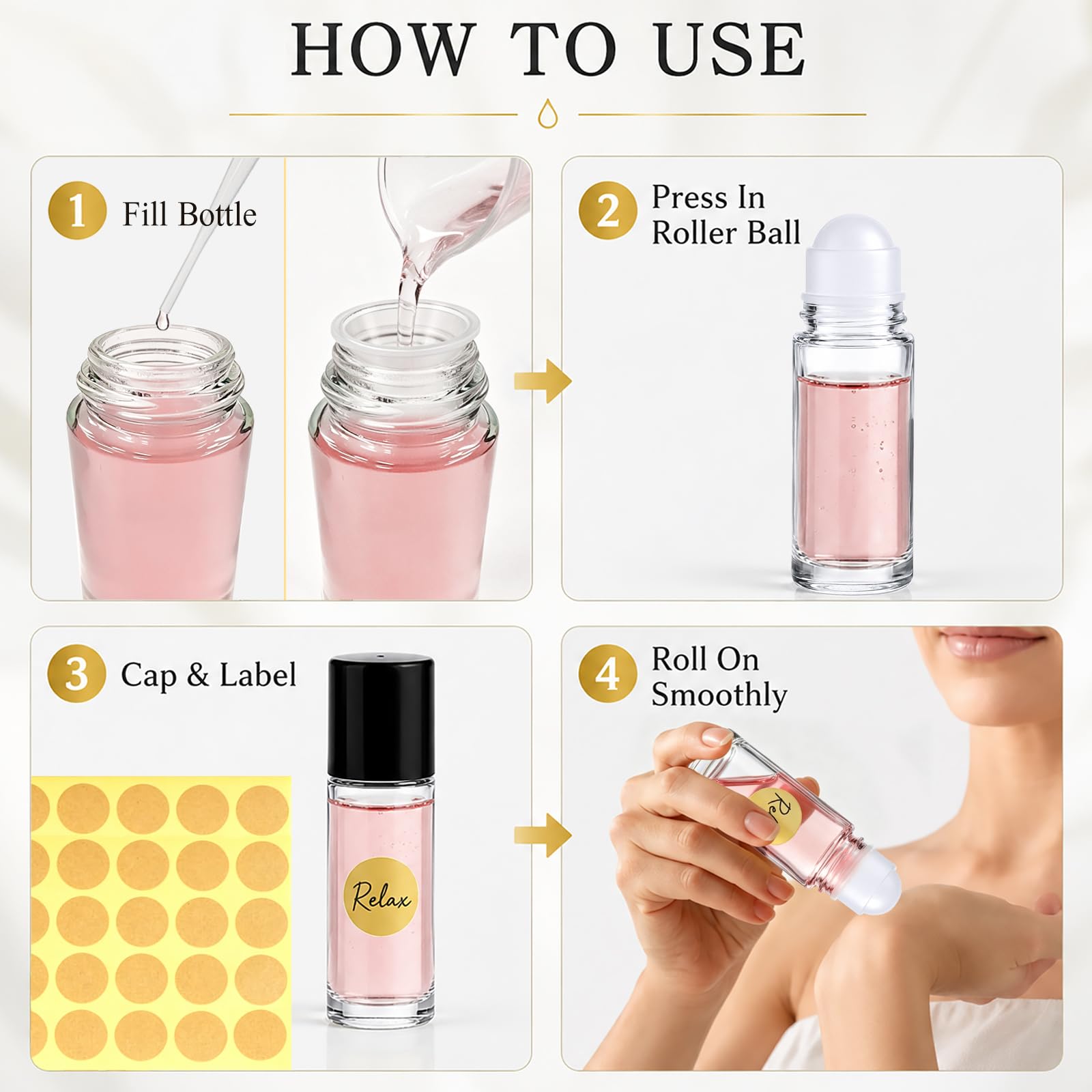 Quelcc bottiglie roll-on vetro 50 ml set 4 pezzi pipette