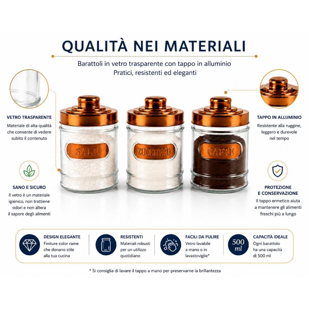 Cecaro Group Set 3 Barattoli Vetro 500 ml Tappi Rame