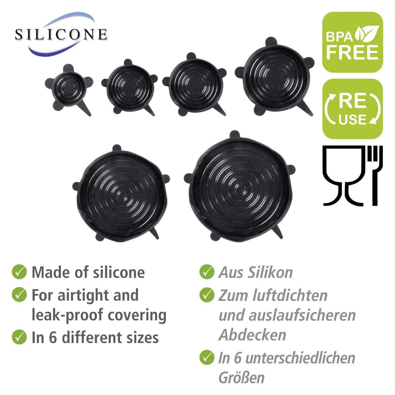 Wenko Loui coperchi silicone 6 pezzi neri ermetici