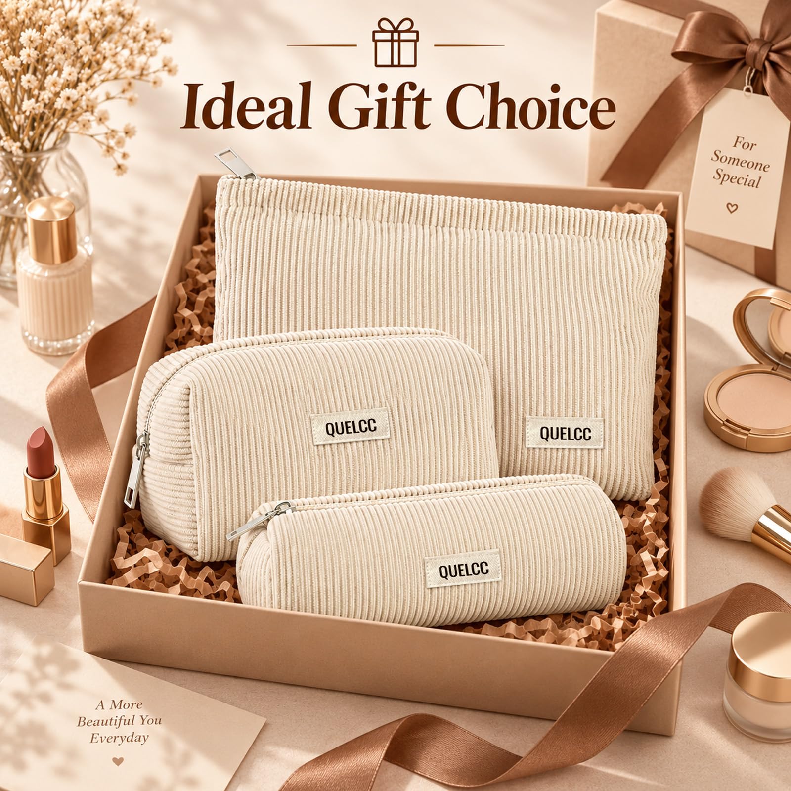 Quelcc Beauty Case Donna 3 Pezzi Beige con Cerniera