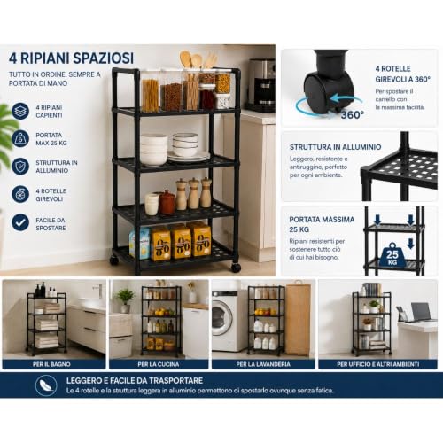 Cecaro Group Carrello Multiuso 4 Ripiani Nero 25 kg