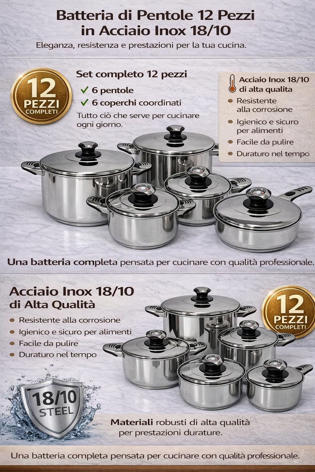 Cecaro Group Batteria Pentole 12 Pezzi Inox Induzione
