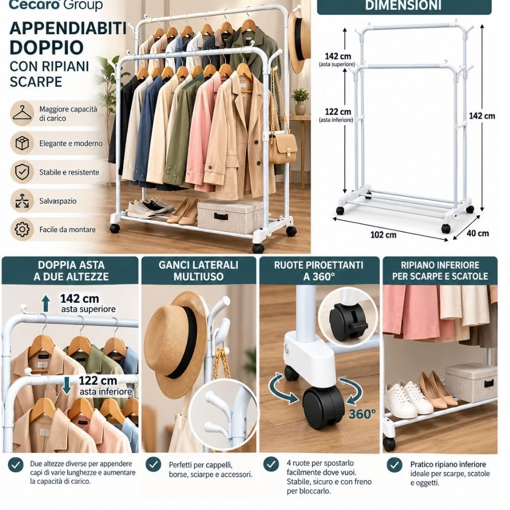 Cecaro Group Doppio stand appendiabiti bianco 2 aste con ruote