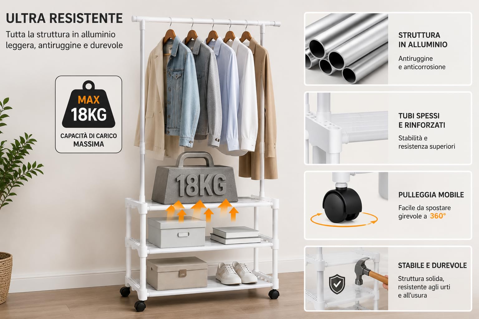 Cecaro Group 3 Ripiani stand appendiabiti nero 18 kg con ruote