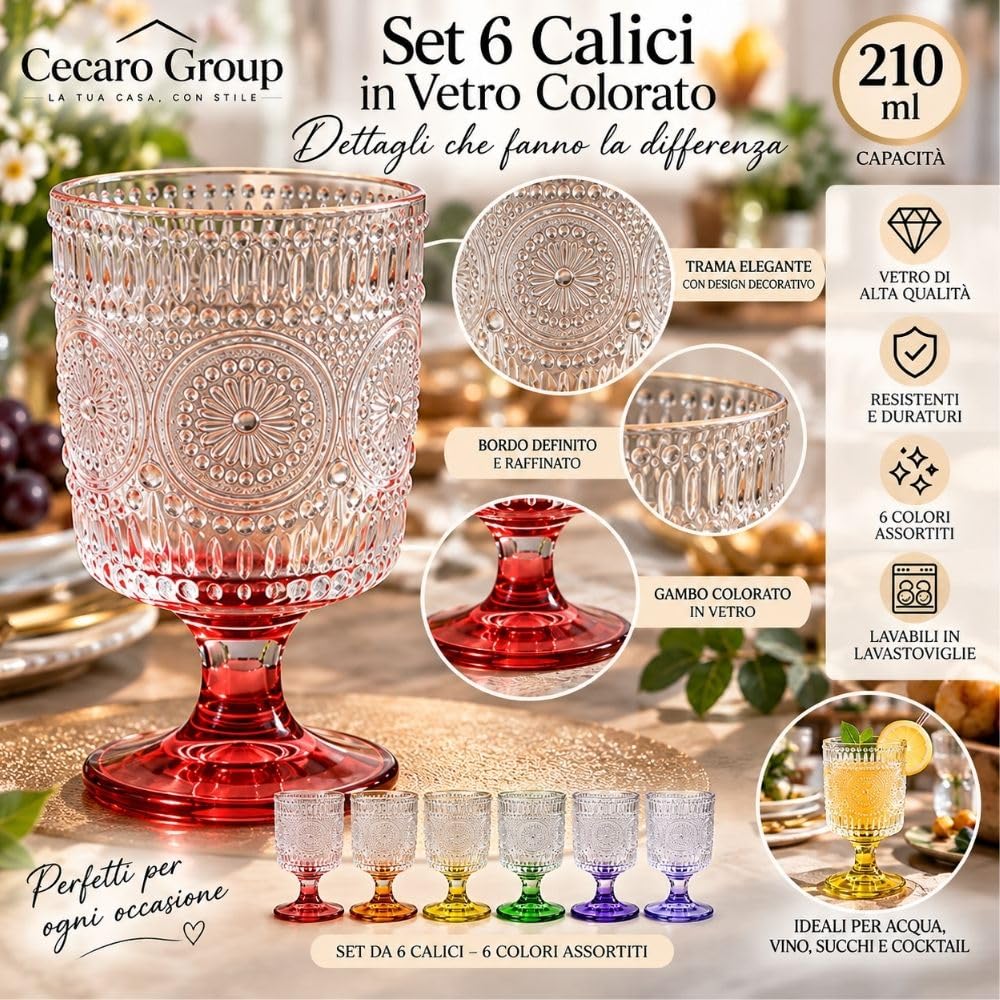 Cecaro Group Set 6 Calici Colorati 210 ml in vetro con gambo