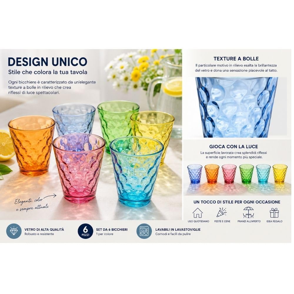 Cecaro Group Set 12 Bicchieri 250 ml Vetro Colorato 6 Colori