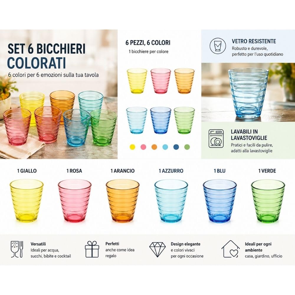Cecaro Group Set 6 Bicchieri Vetro Colorato 250 ml Righe