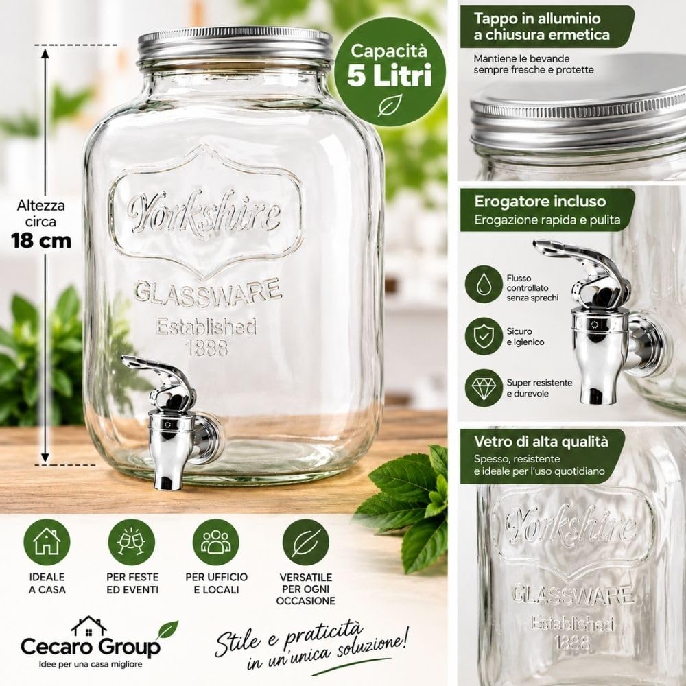 Cecaro Group dispenser bevande in vetro 5 litri con rubinetto