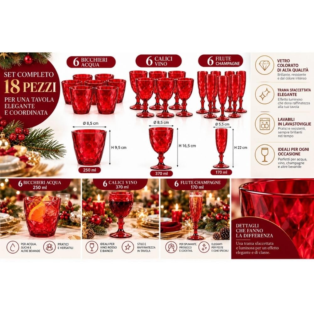 Cecaro Group Linea Diamante Bicchieri Rossi Vetro Set 18 Pezzi