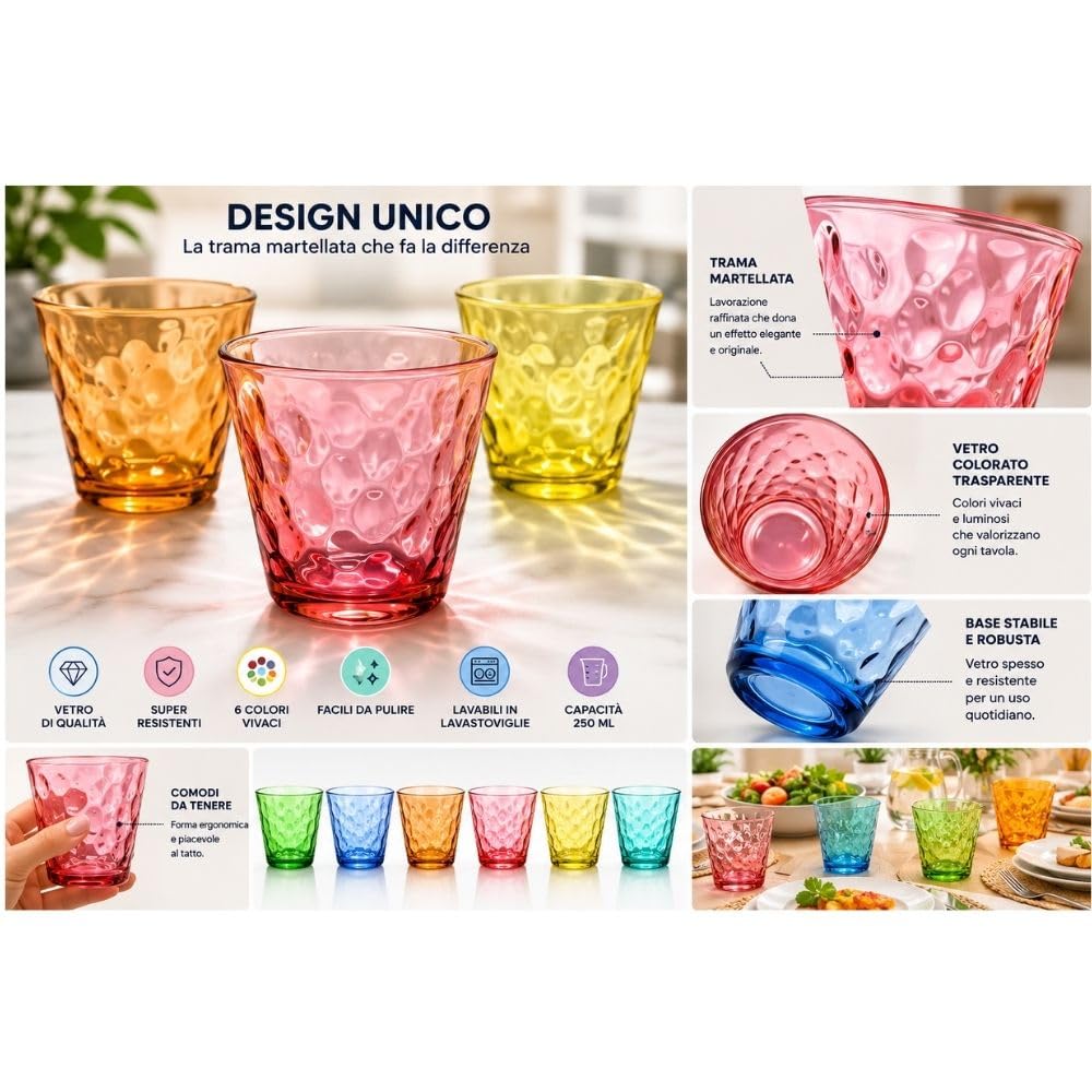 Cecaro Group Set 12 Bicchieri Vetro Colorato 250 ml Martellato