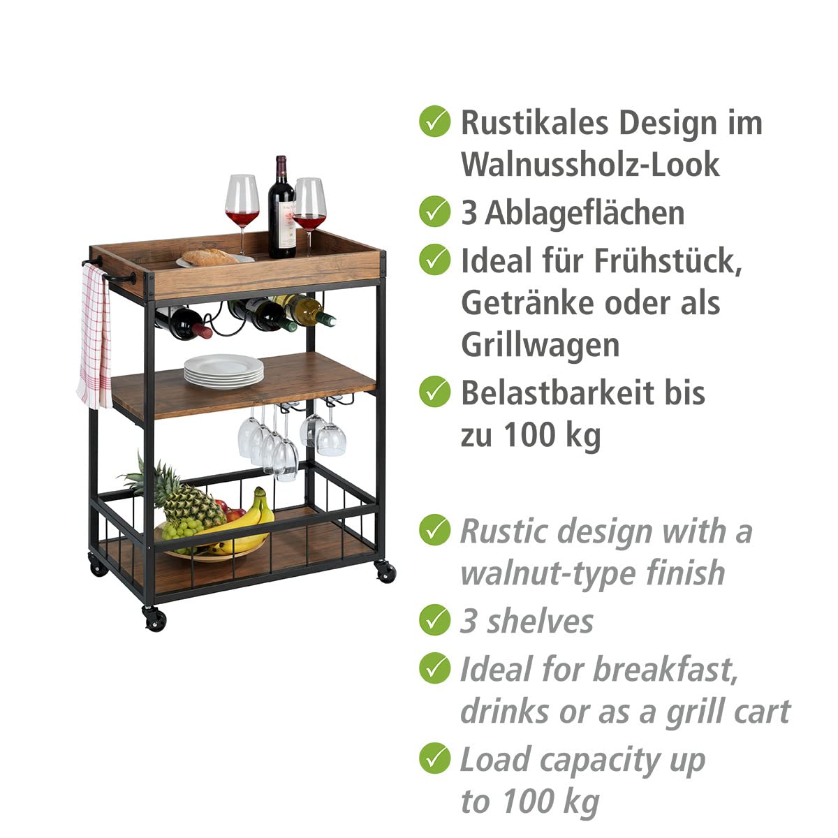 Wenko Rustico carrello cucina nero marrone 3 ripiani 80 cm