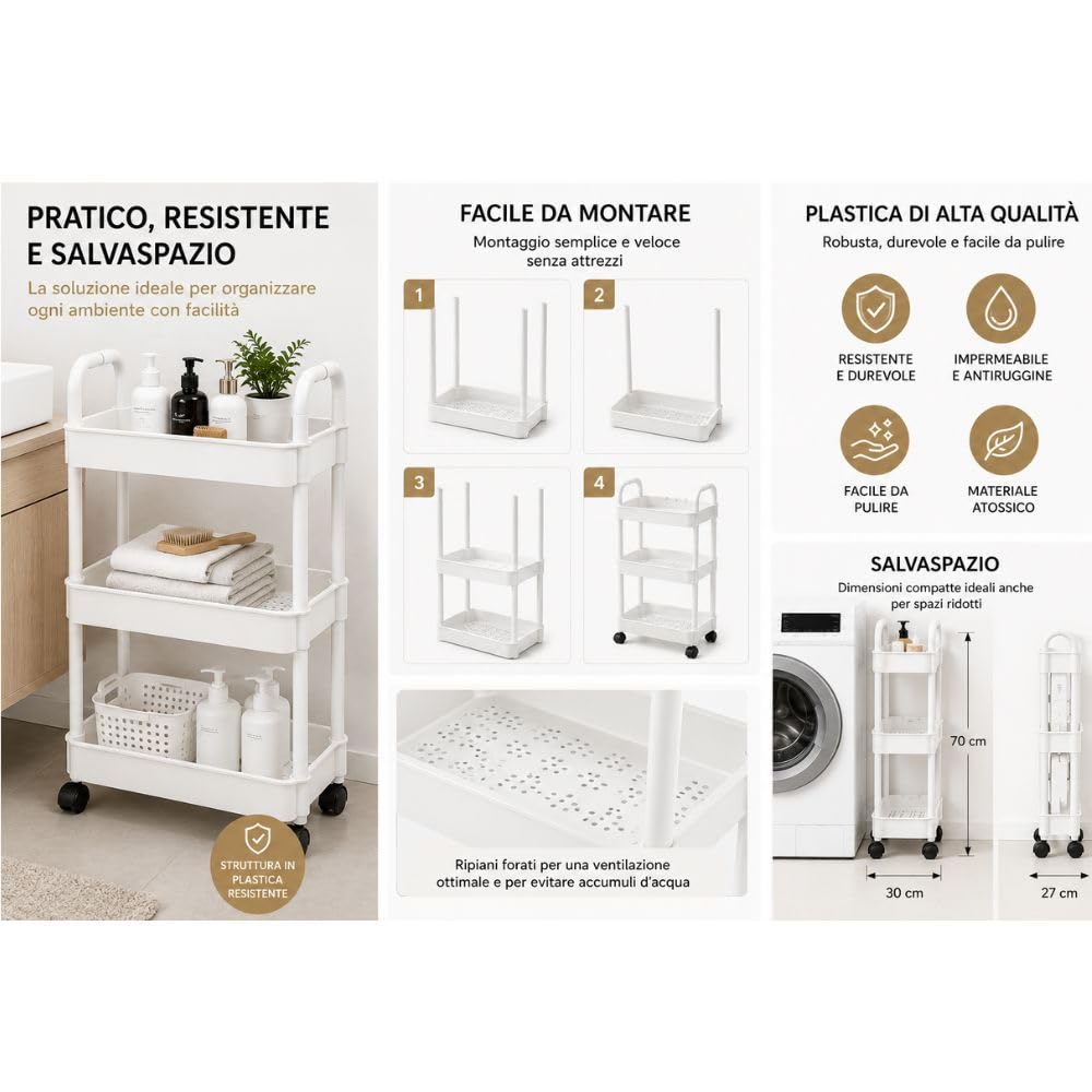Cecaro Group carrello 3 ripiani con ruote nero bianco salvaspazio