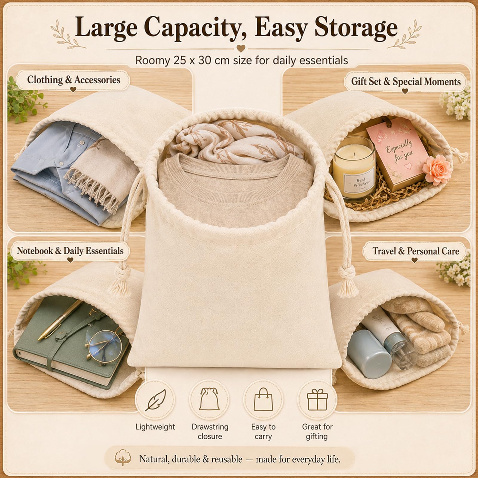 Quelcc Stoffa Sacchetti Cotone 25x30 cm Set 8 Pezzi Naturali