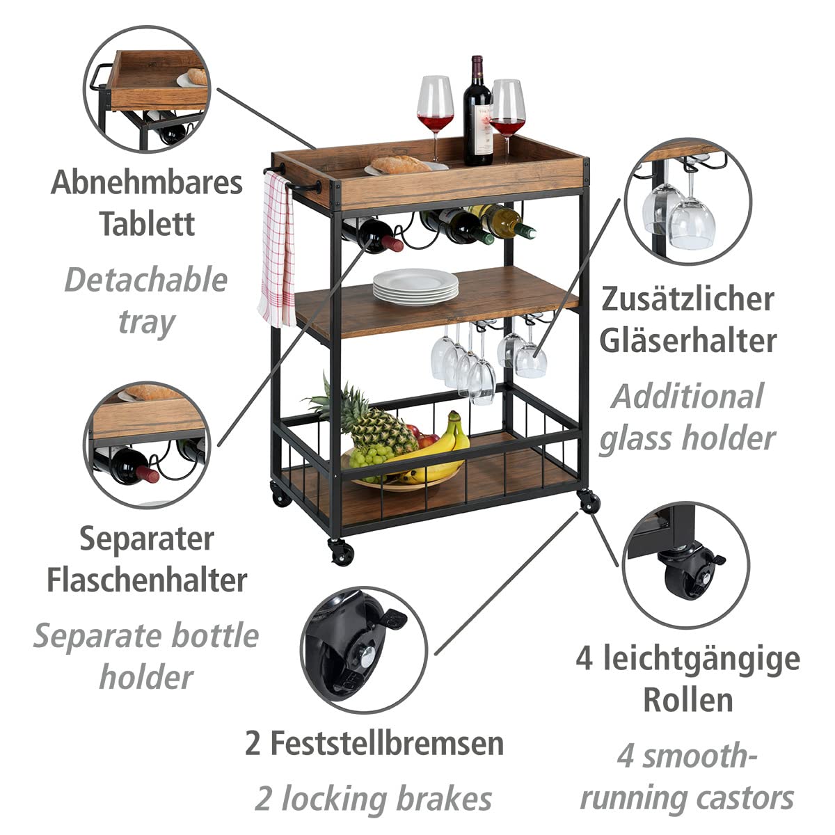Wenko Rustico carrello cucina nero marrone 3 ripiani 80 cm