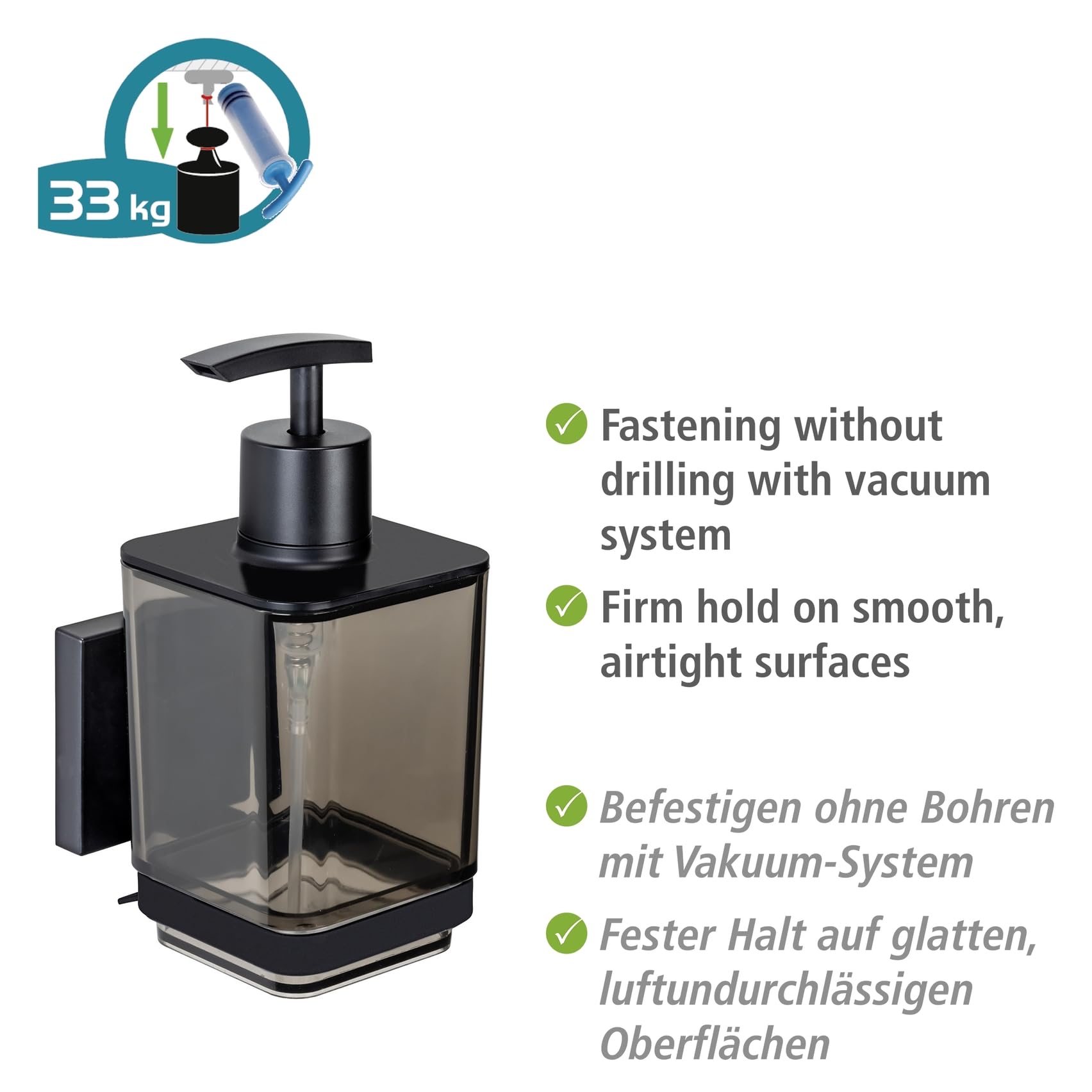 Wenko Vacuum-Loc Quadro Dispenser Sapone Nero 340 ml