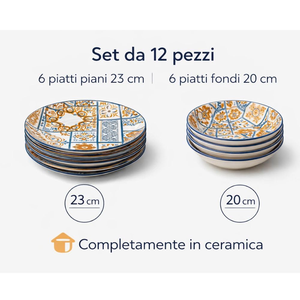 Cecaro Maiolica Azzurra e Arancio servizio piatti 12 pezzi ceramica