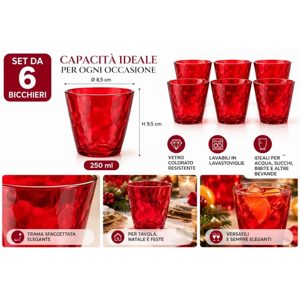 Cecaro Group Duesse 198 Bicchieri Rossi Vetro 250 ml 12 Pezzi