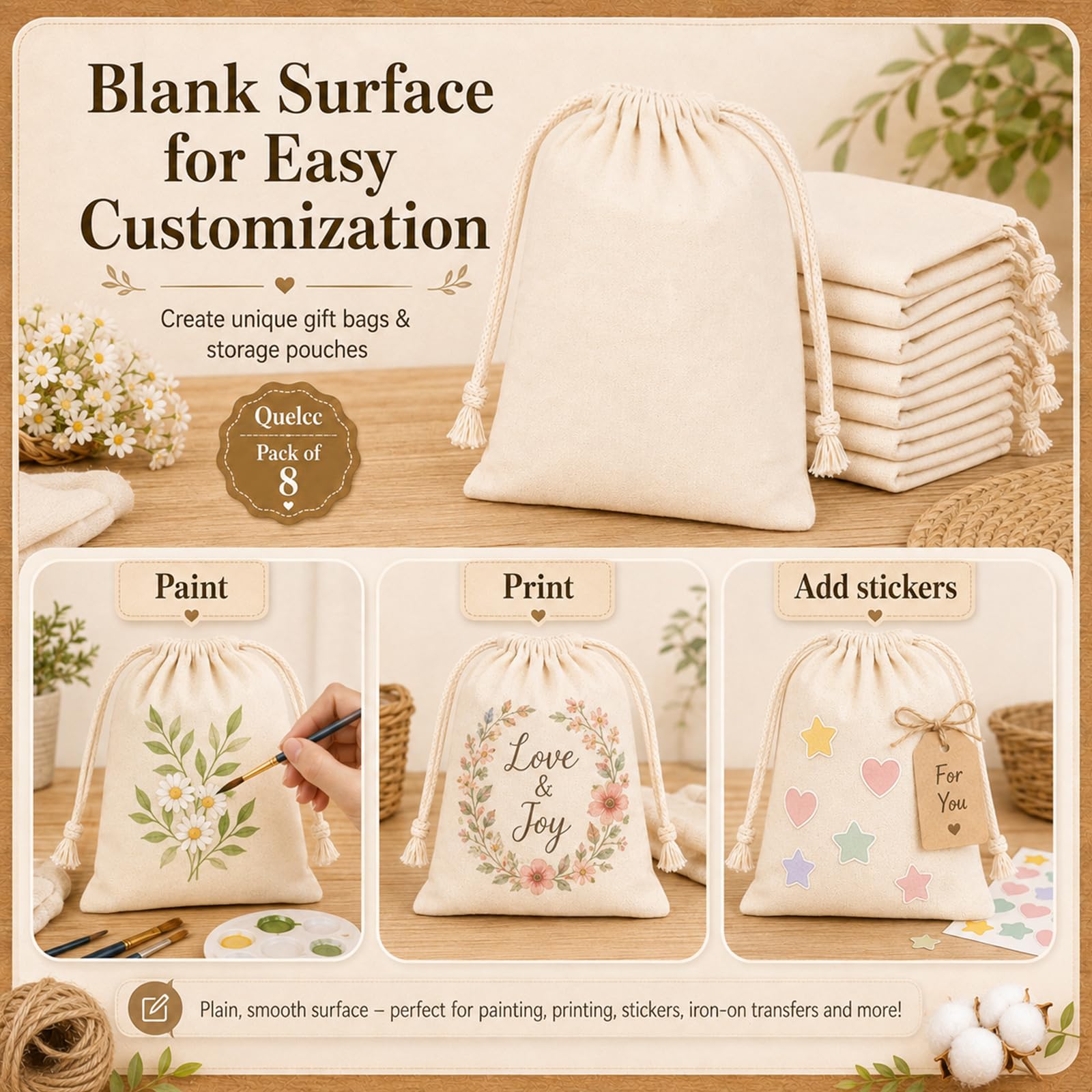 Quelcc Stoffa Sacchetti Cotone 25x30 cm Set 8 Pezzi Naturali