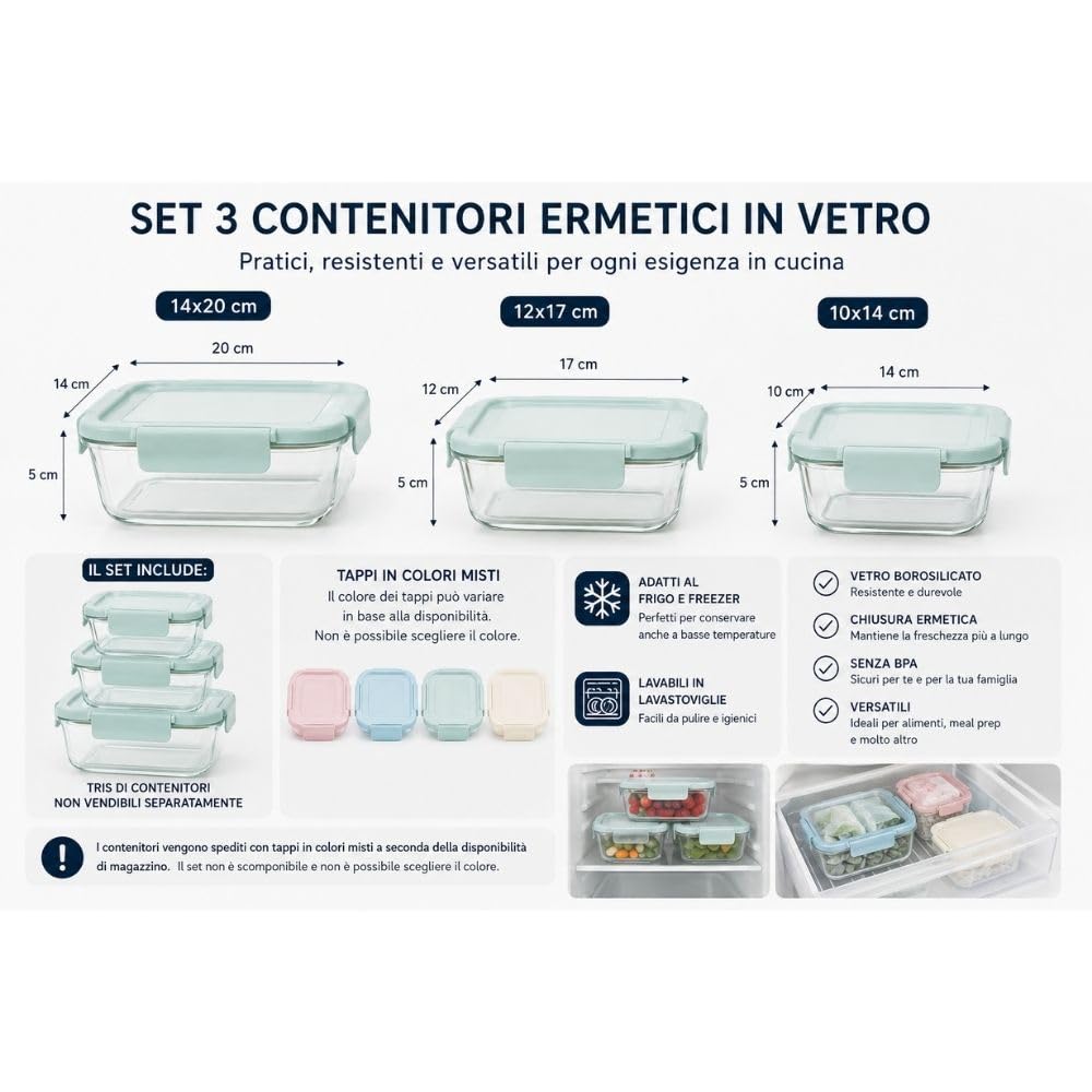 Cecaro Group Set 3 Contenitori Vetro Ermetici Rettangolari Clip