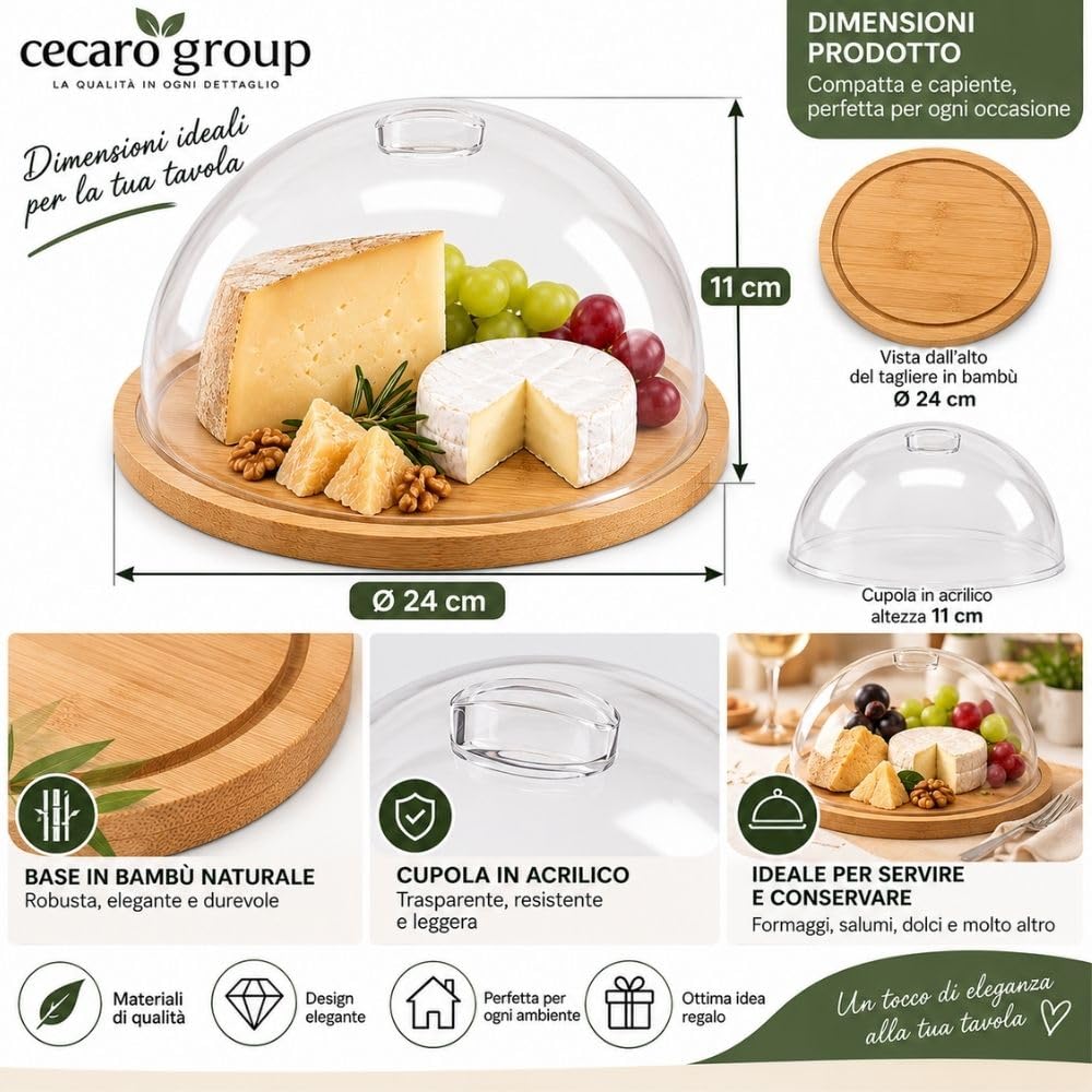 Cecaro Group formaggiera bambù 24 cm con cupola acrilico