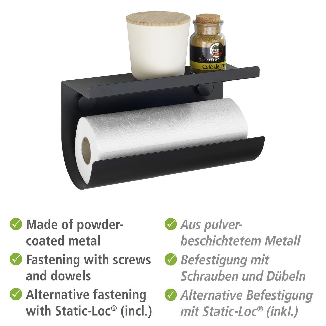 WENKO Jet portarotolo cucina nero metallo 30x15x12 cm