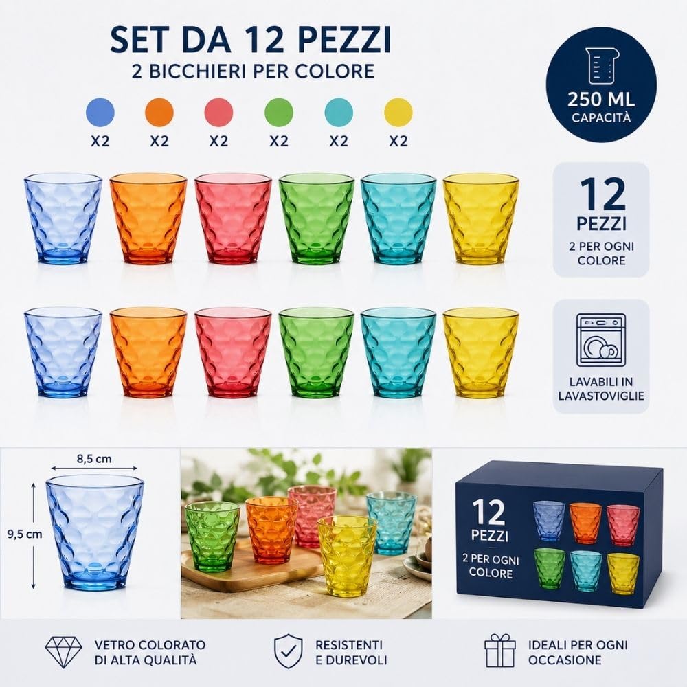 Cecaro Group Set 12 Bicchieri 250 ml Vetro Colorato 6 Colori
