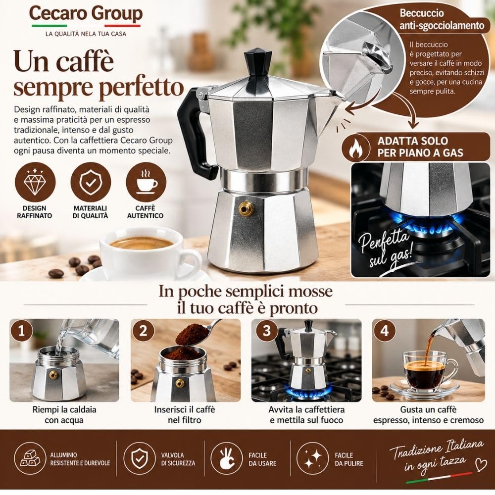 Cecaro Group Moka Alluminio Gas 2-3 Tazze Antigoccia