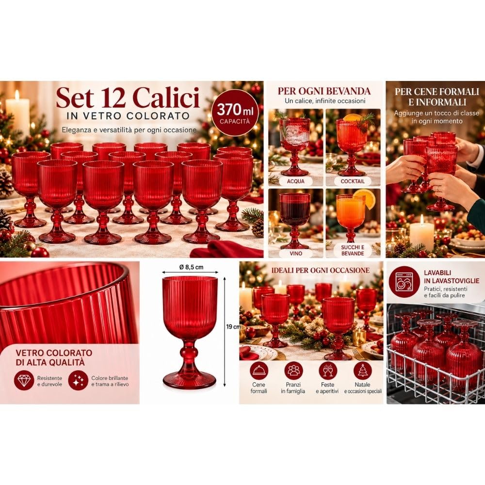 Cecaro Group set calici rossi rigati vetro 370 ml 12 pezzi