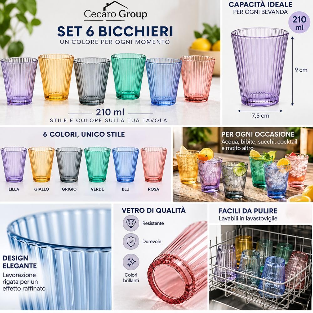 Cecaro Group Serie Color set 6 bicchieri vetro 210 ml rigati