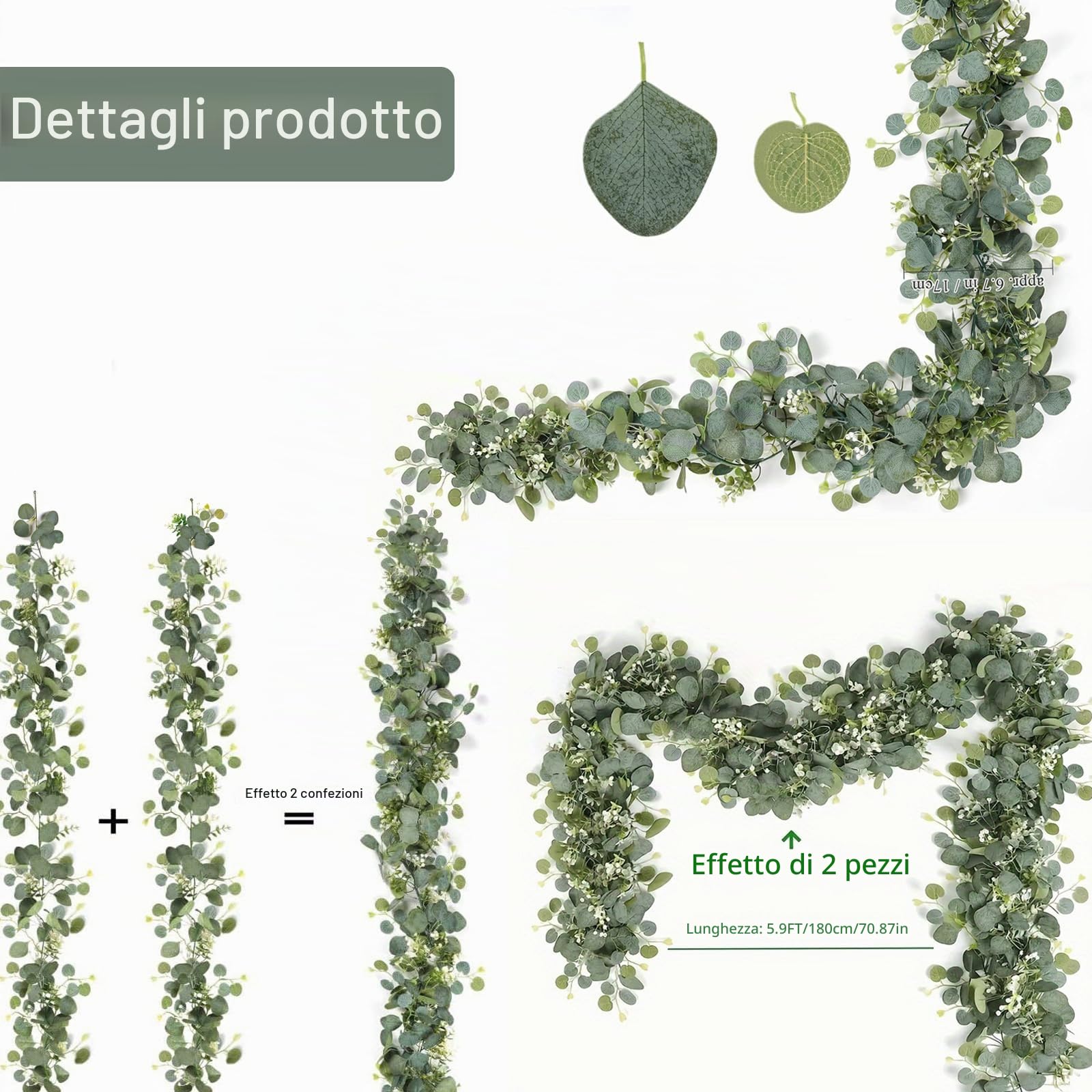 Lxoraziy ghirlanda eucalipto artificiale verde 180 cm 2pz