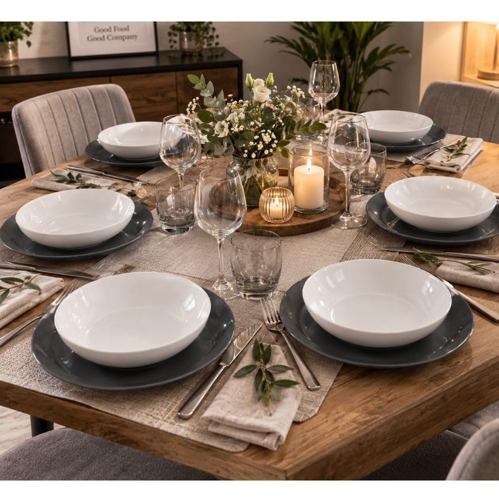 Cecaro Group servizio piatti ceramica 12 pezzi bianco e grigio