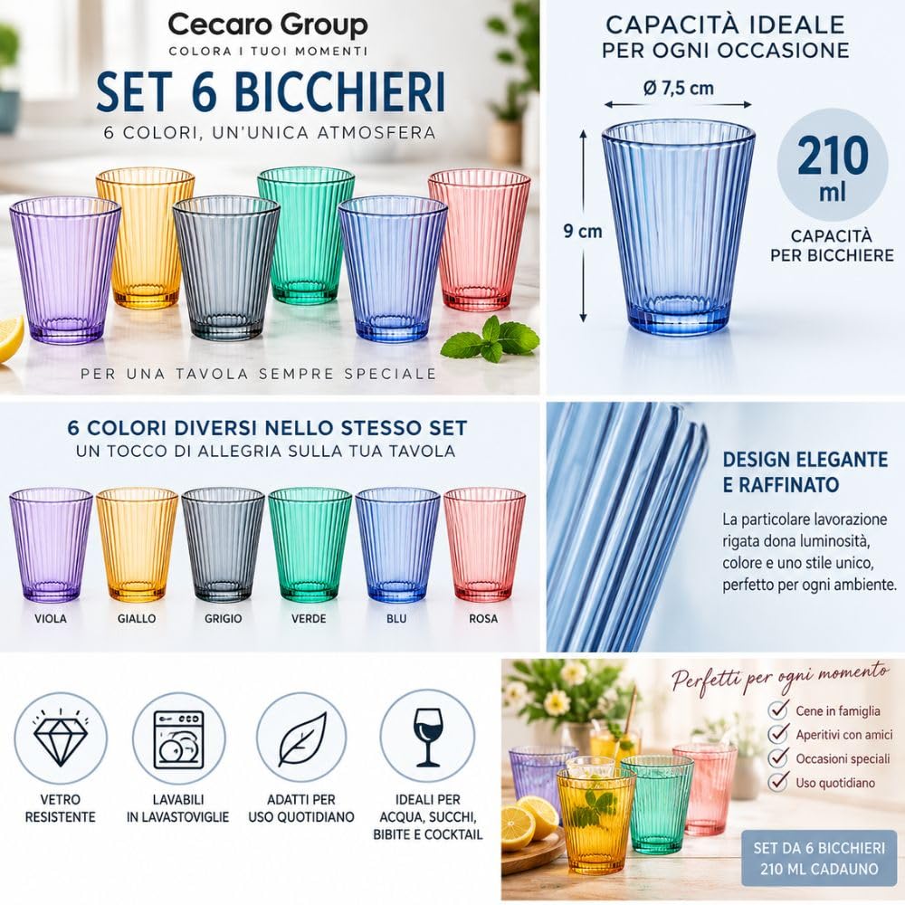 Cecaro Group Serie Color set 6 bicchieri vetro 210 ml rigati