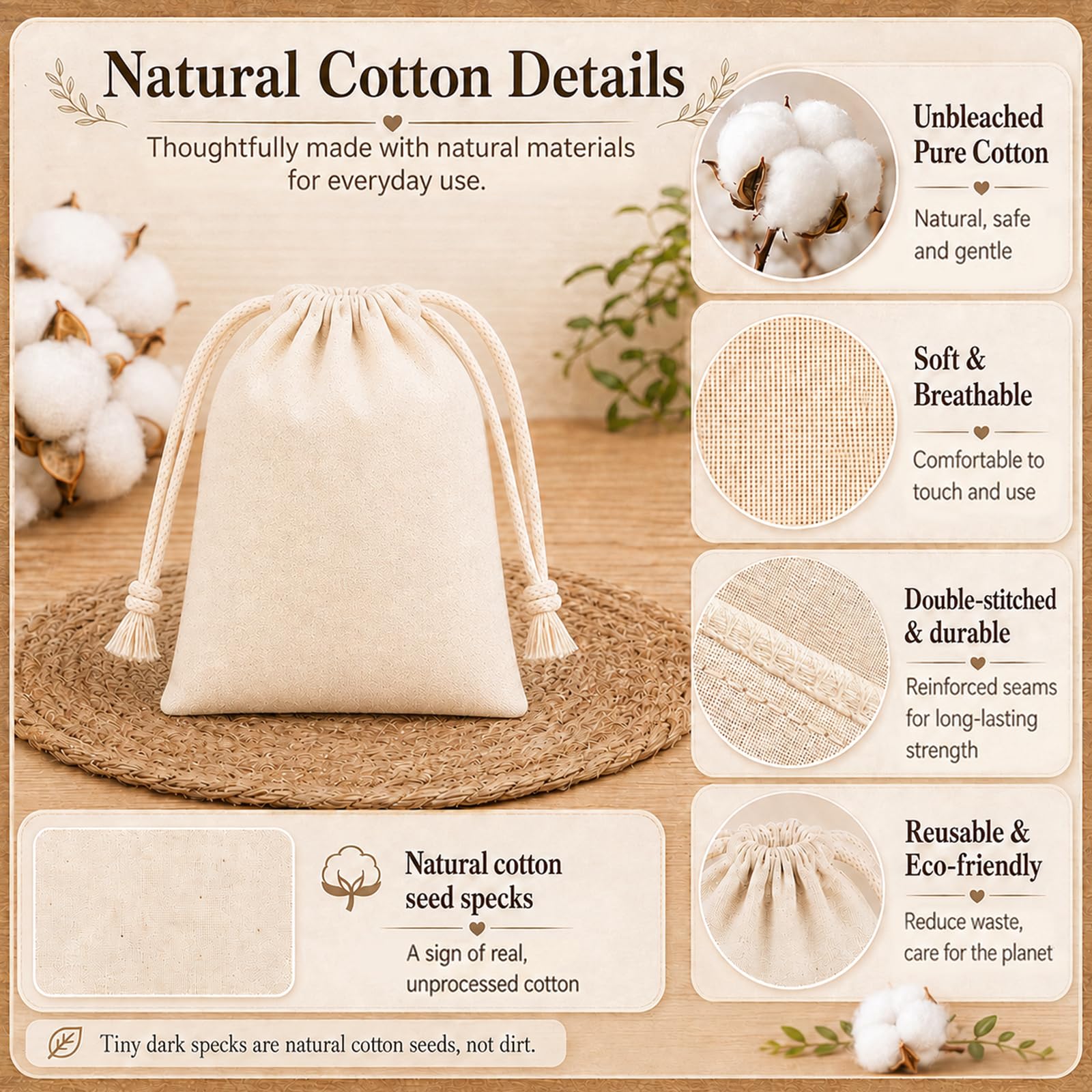 Quelcc Stoffa Sacchetti Cotone 25x30 cm Set 8 Pezzi Naturali