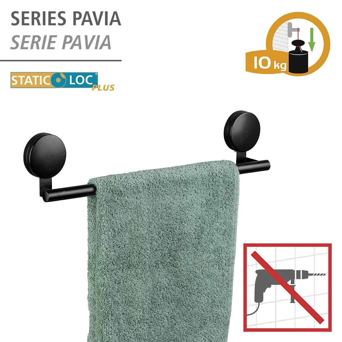Wenko Pavia Static-Loc Plus portasciugamani nero 41,5 cm