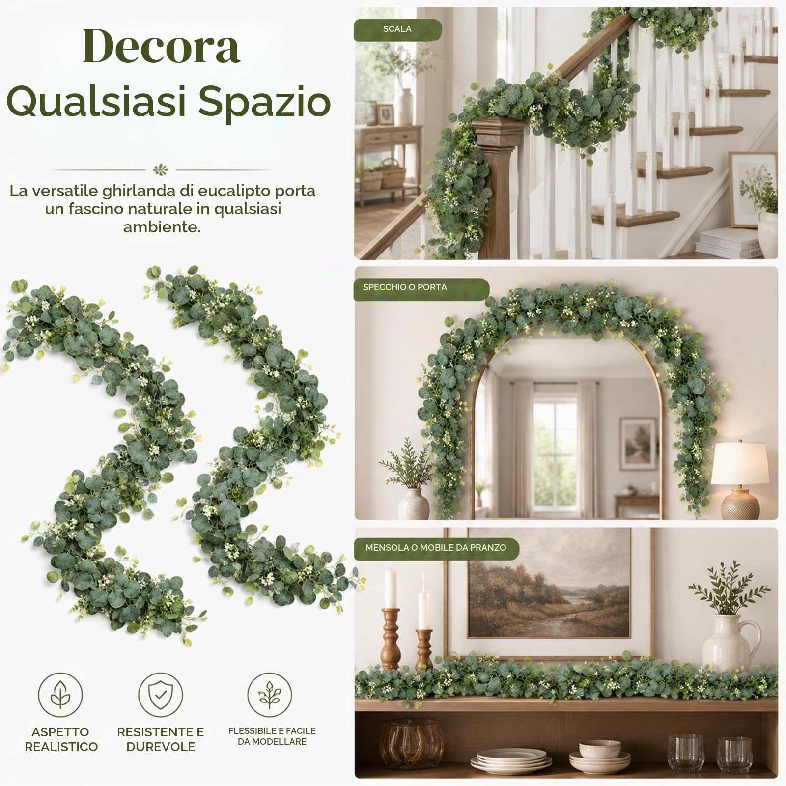 Lxoraziy ghirlanda eucalipto artificiale verde 180 cm 2pz