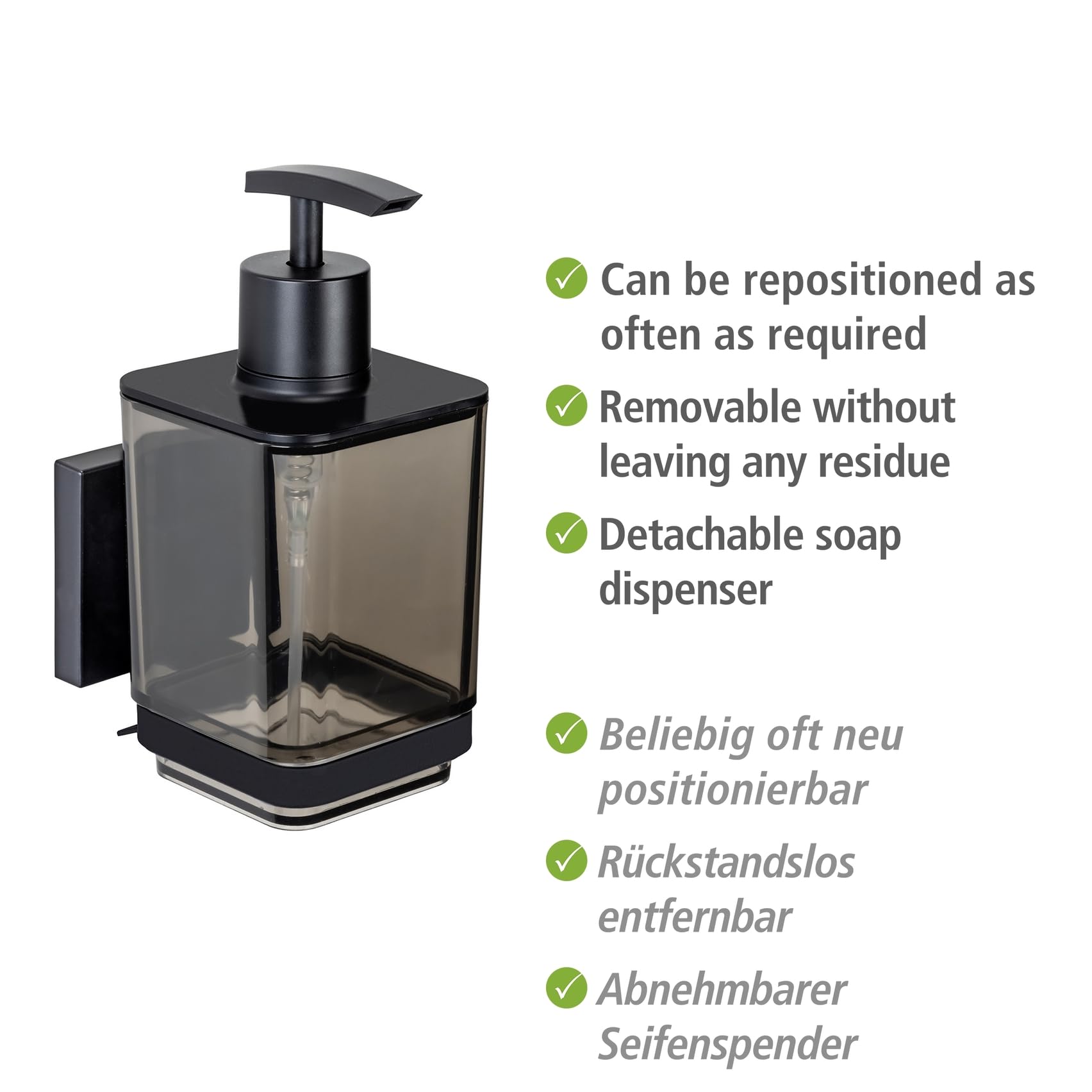 Wenko Vacuum-Loc Quadro Dispenser Sapone Nero 340 ml