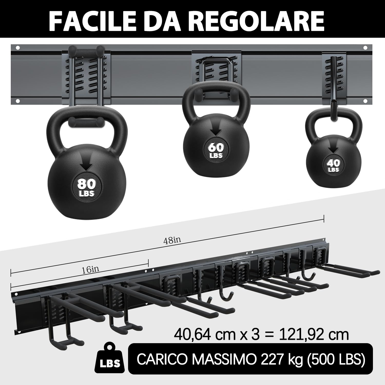 3-H porta attrezzi parete 120 cm acciaio inox 14 ganci