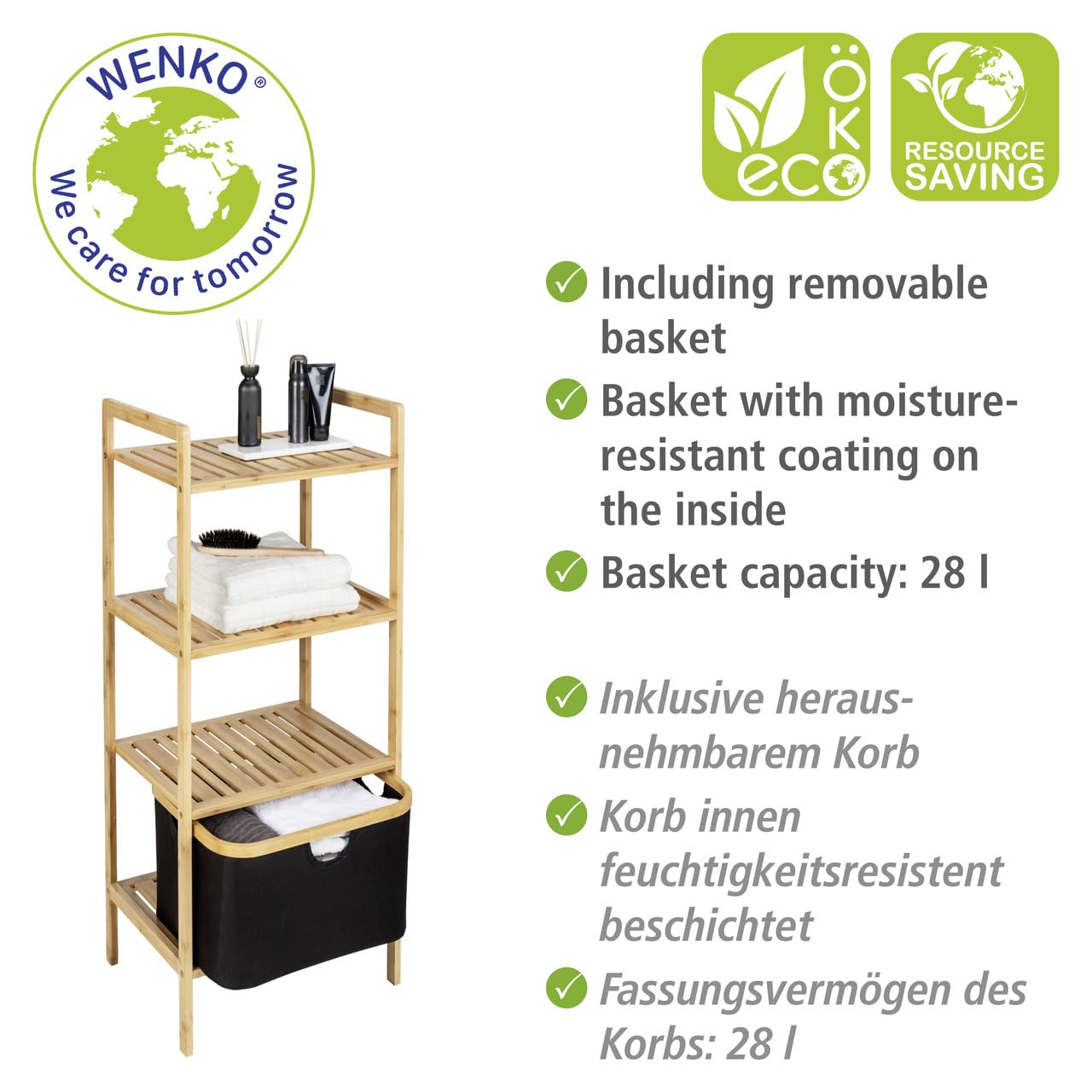 Wenko Ecori Scaffale Bambù 3 Ripiani 44x93,5x33 Naturale Nero 28L