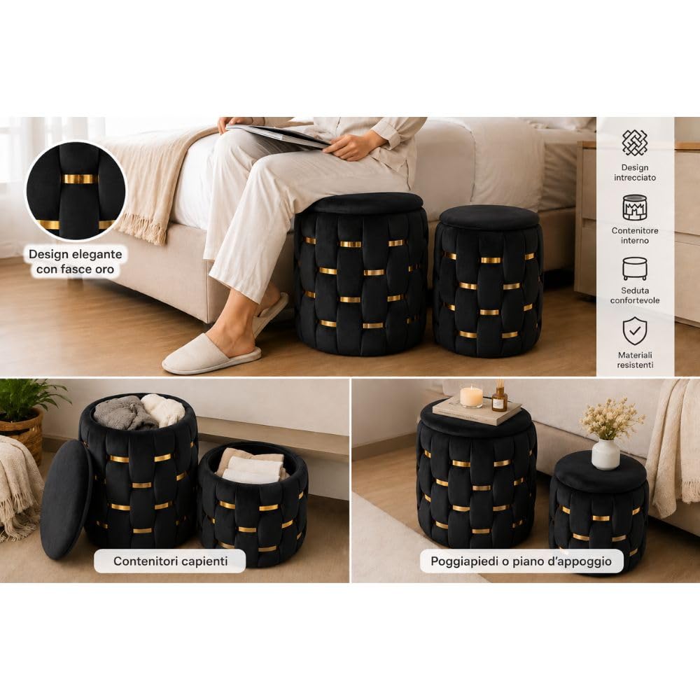 Cecaro Group Set 2 Pouf Contenitore Velluto Nero Salvaspazio