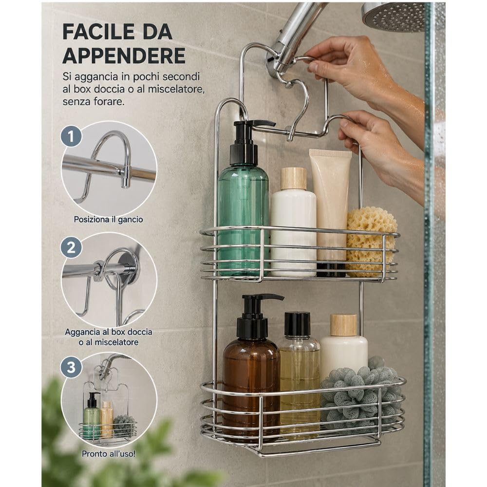 Cecaro Group Portaoggetti Doccia Acciaio 35x17 cm 2 Ripiani