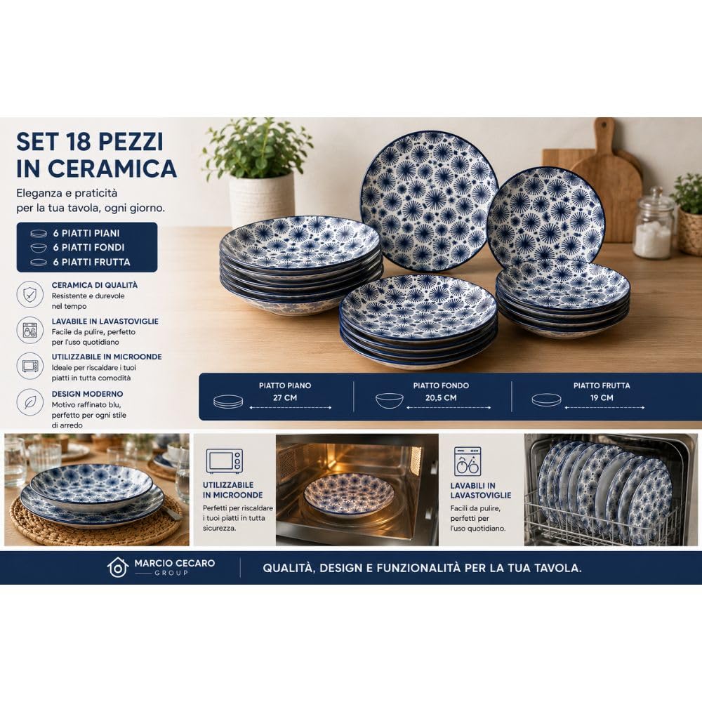 Cecaro Group Servizio Piatti 18 Pezzi Ceramica Blu 6 Persone