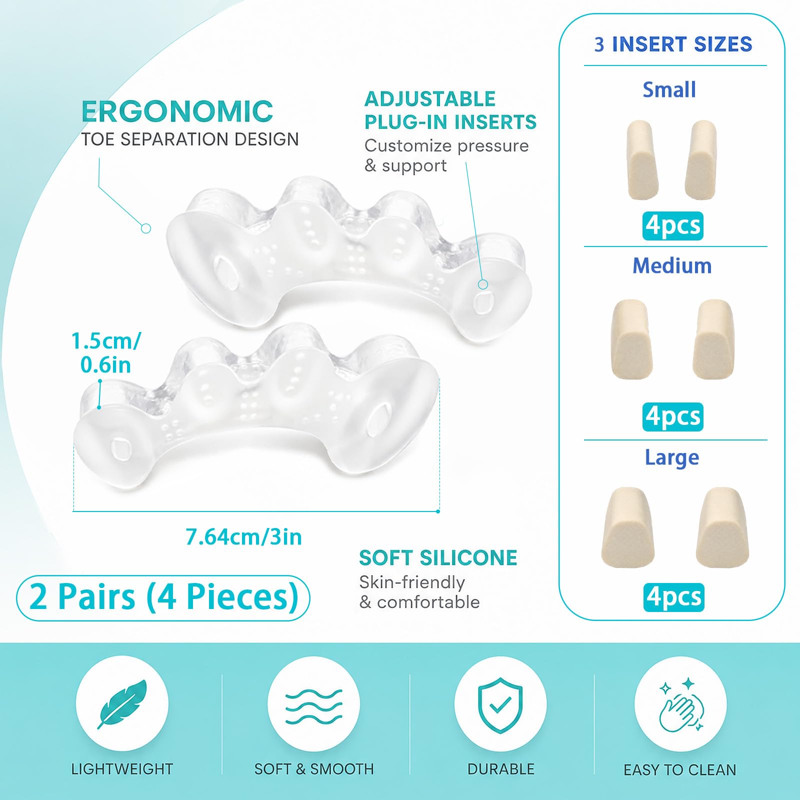 Quelcc Separatori Dita Piedi Silicone 4 Pezzi con Inserti S M L
