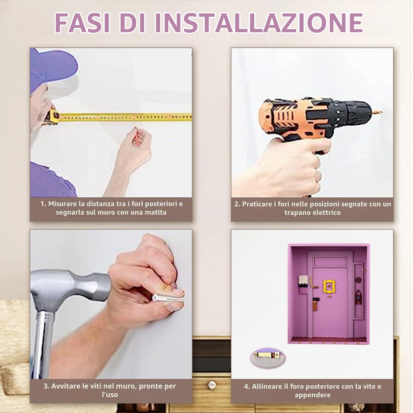 Gachiwar portachiavi da muro porta Monica viola 6 ganci magnetico