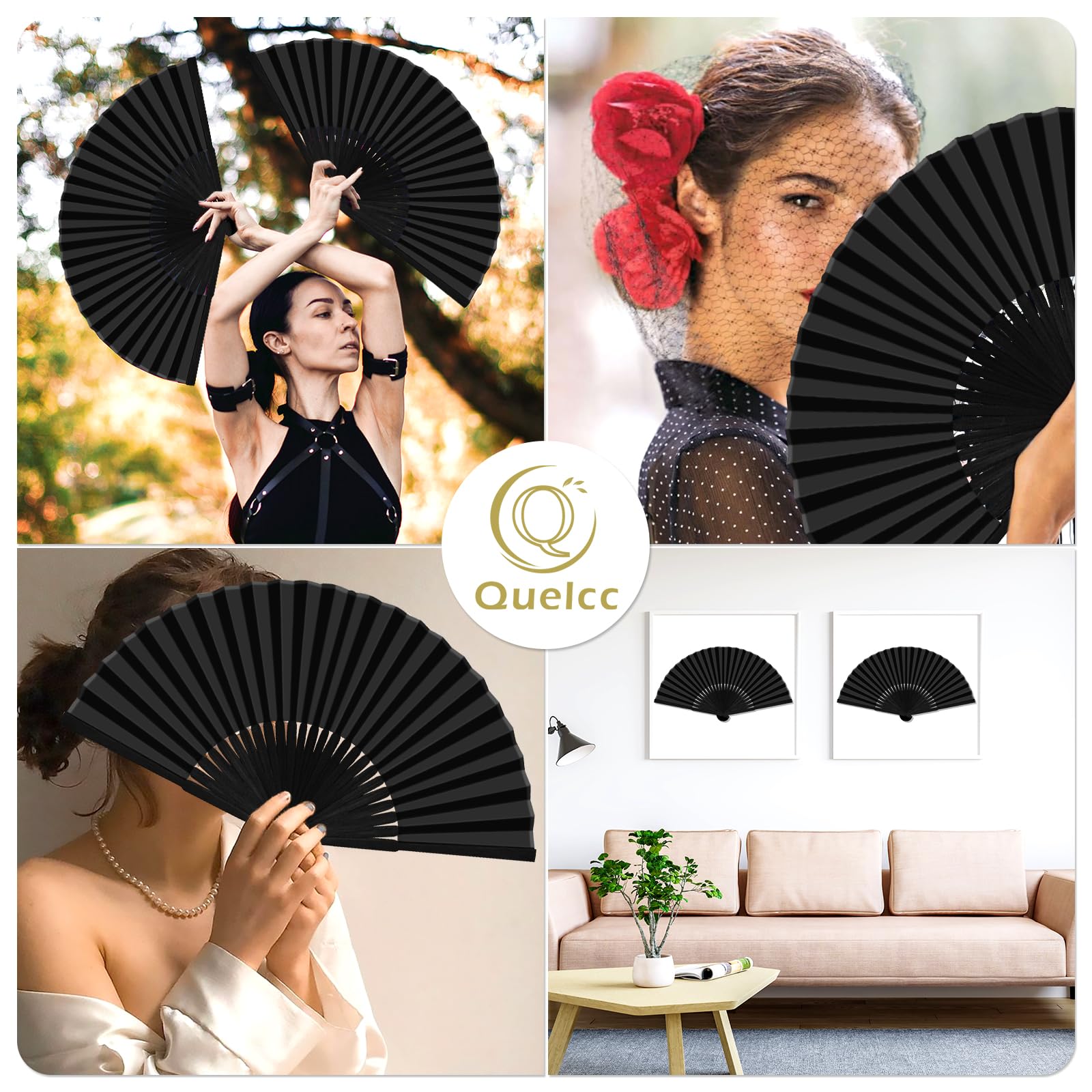 Quelcc Ventaglio Nero 2 Pezzi Bambù 38 cm