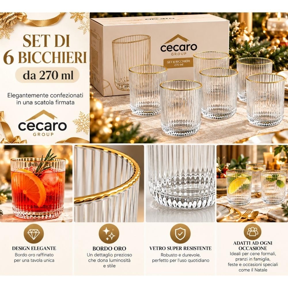 Cecaro Group Set 6 Bicchieri Bordo Oro 270 ml Vetro Rigato