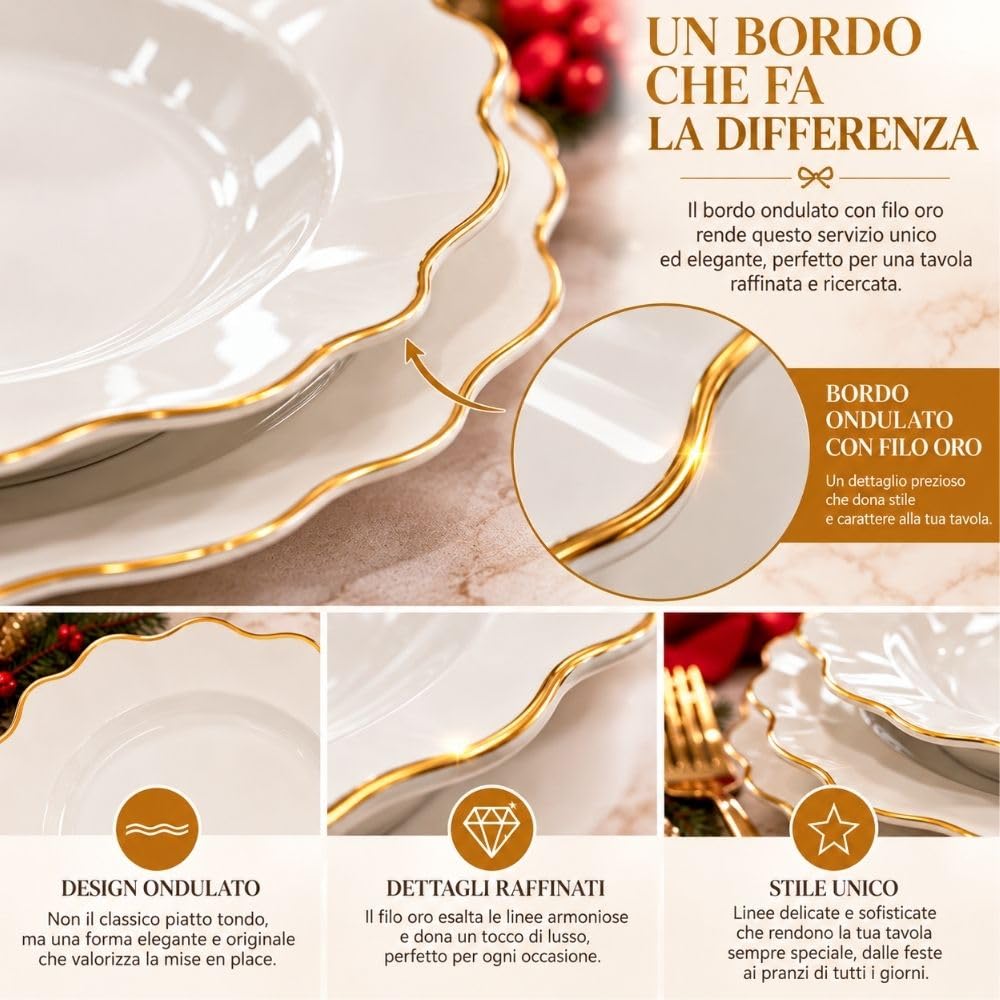 Cecaro Group Servizio Piatti 18 Pezzi Bordo Oro Ondulato