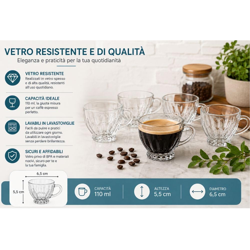 Cecaro Group Set 6 Tazzine Caffè Vetro 110 ml