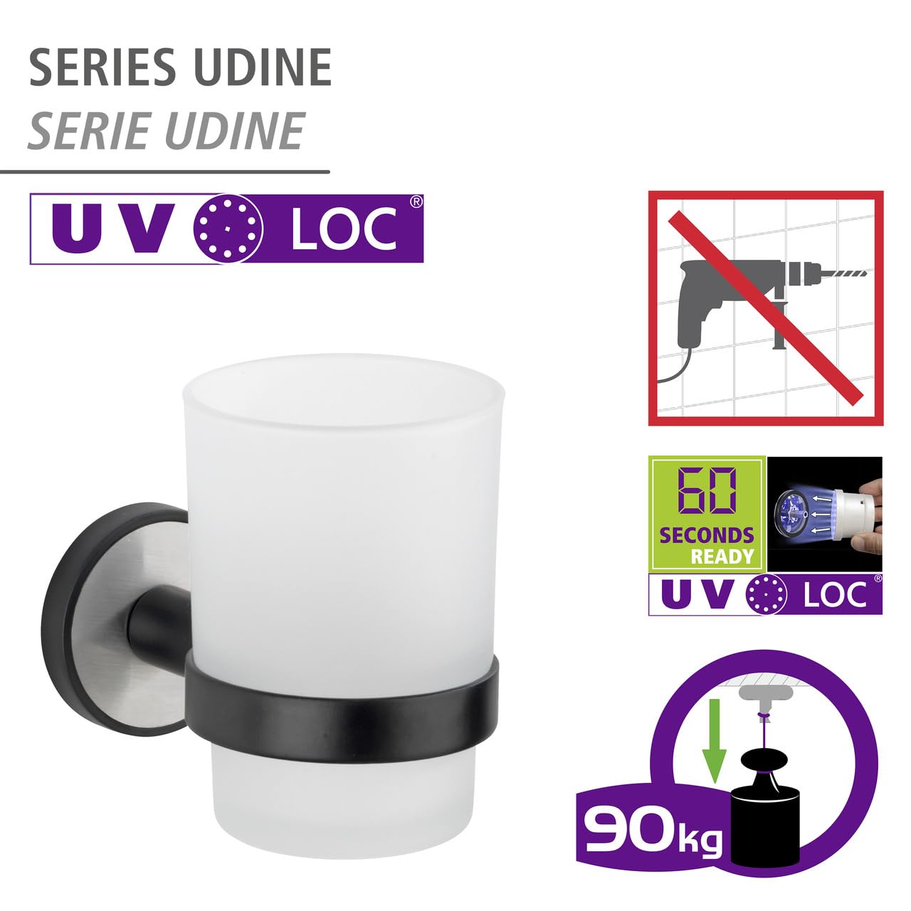 Wenko Udine 25009100 portaspazzolino vetro nero opaco